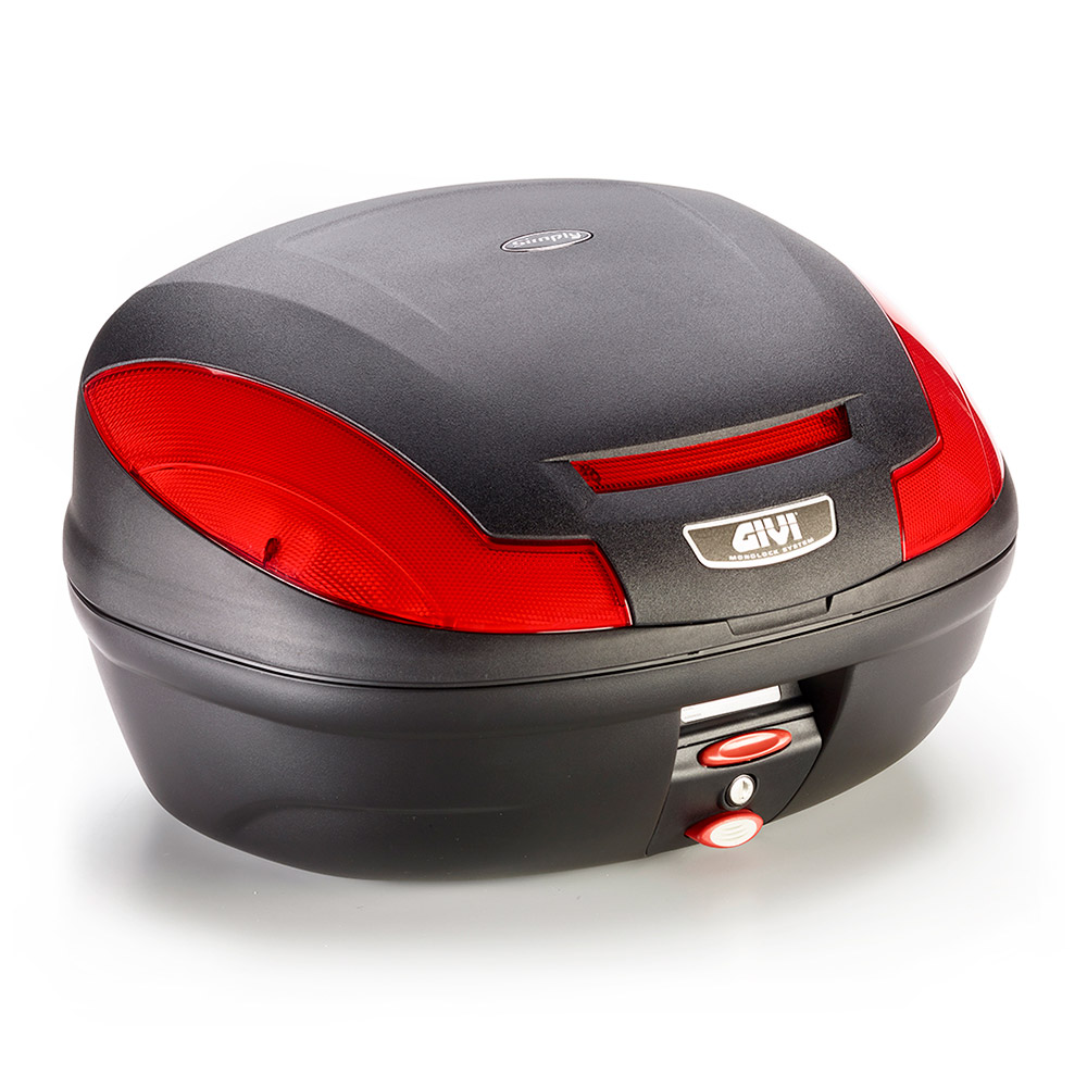 E470 Simply III MONOLOCK Topcase schwarz mit roten Reflektoren und Cover ohne Platte  Givi