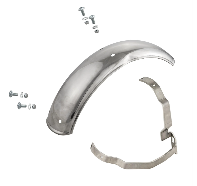Kotflügel 2.0 Garelli für Vespa PX 80-200ccm, Edelstahl poliert, Halter Edelstahl