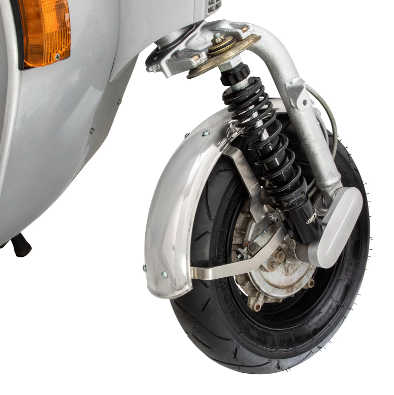 Kotflügel 2.0 Garelli für Vespa PX 80-200ccm, Edelstahl poliert, Halter Edelstahl
