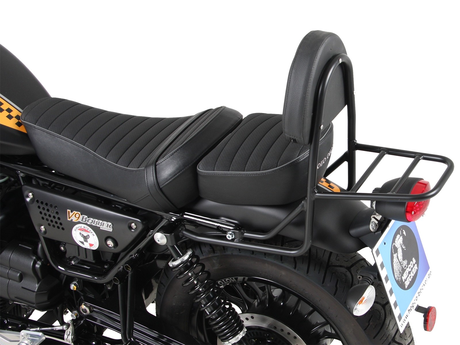 Sissybar mit Gepäckbrücke schwarz für V 9 Bobber (Bj.17-) Modell mit langer Sitzbank