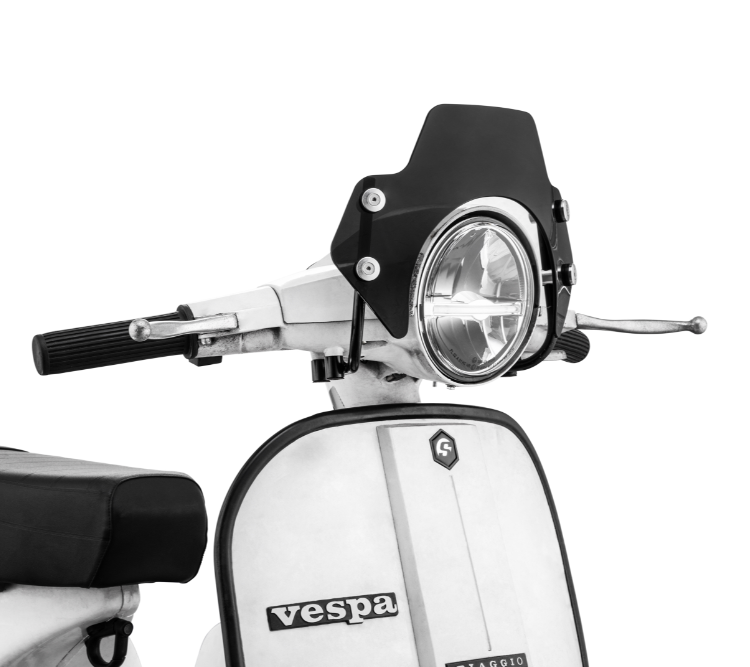 Flyscreen für Vespa PX 80-200ccm, schwarze Halter, schwarz getönt