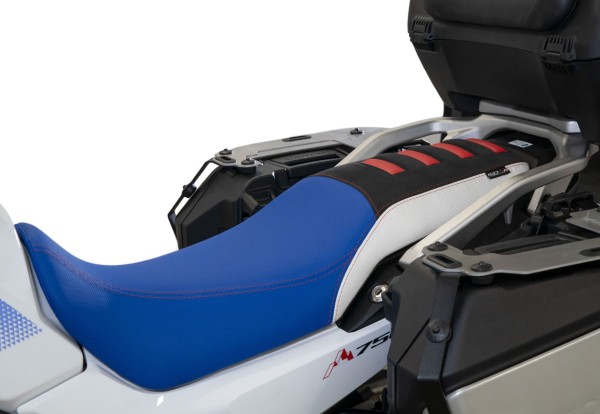 Sitzbezug für Honda XL 750 Transalp, blau / weiß / schwarz mit roten Einsätzen